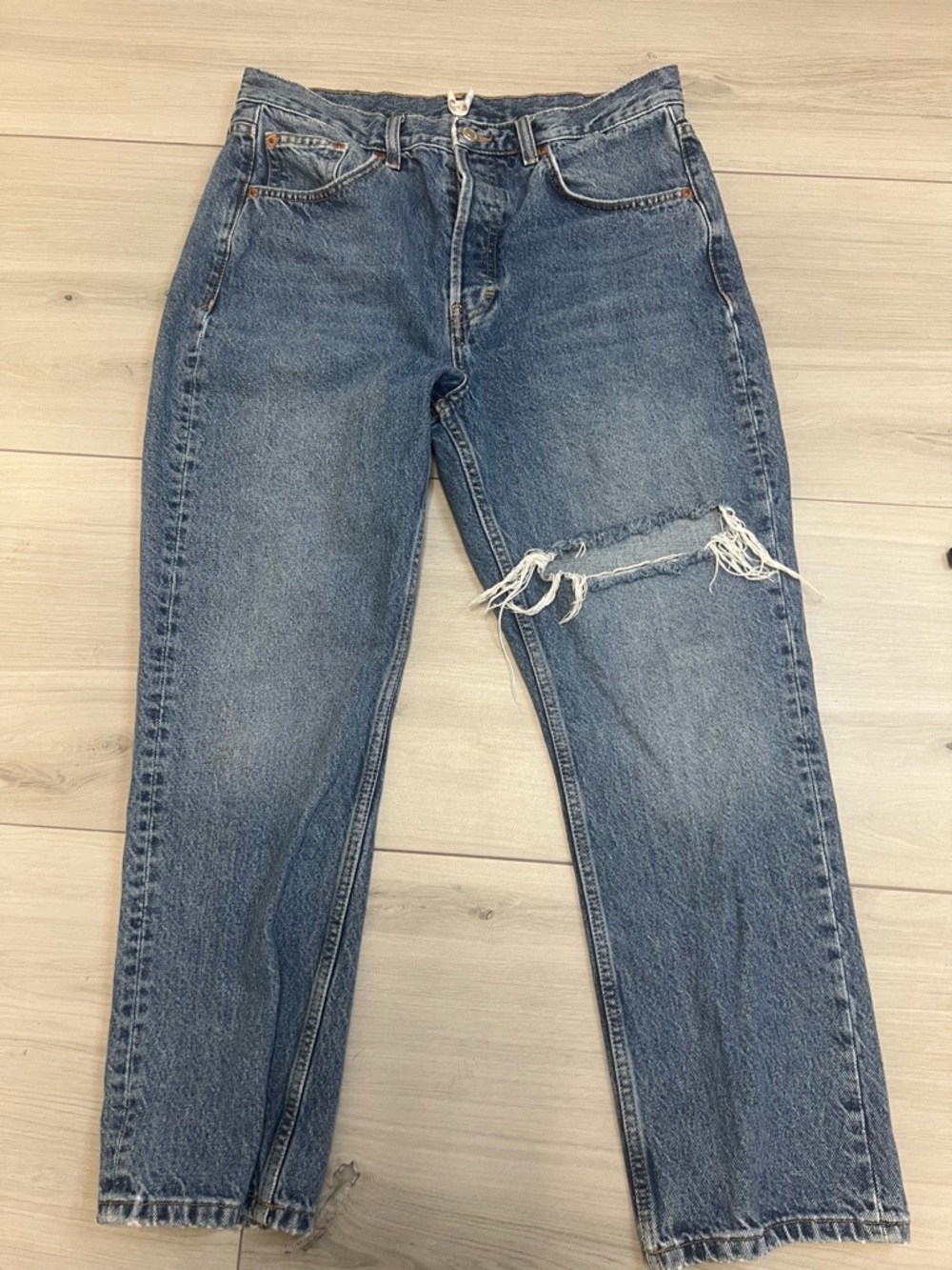 Topshop Wide Leg Jeans Blue Denim 31x32 Distressed Knee High Rise 90s